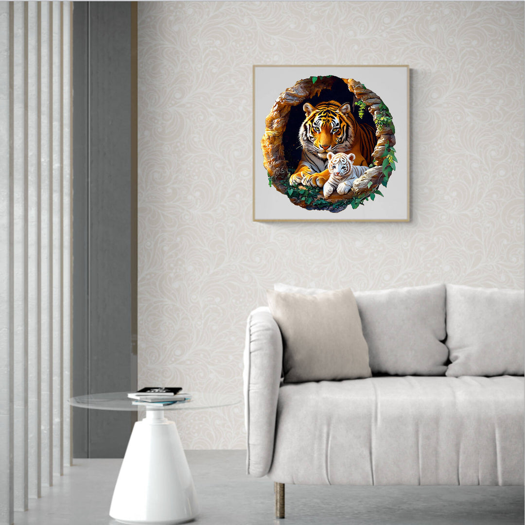 3D Tiger Family-1 jigsaw puzzle displayed in modern living room, showcasing tiger and cub artwork, enhances decor and focus.