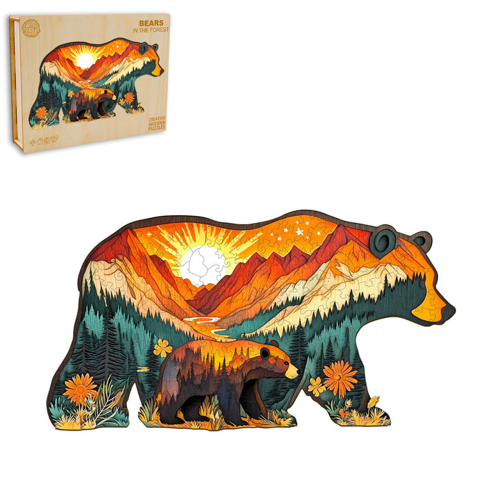 Bears in the Forest wooden jigsaw puzzle featuring a colorful bear and mountain landscape design.
