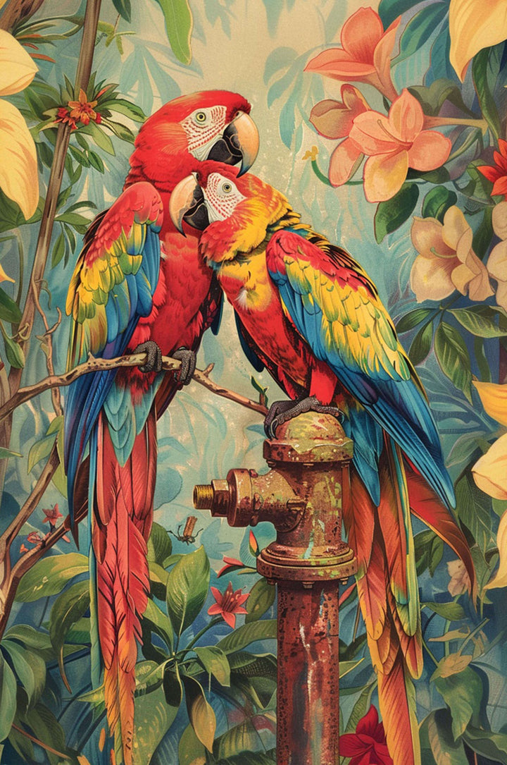 Colorful Snuggling Parrot jigsaw puzzle featuring two vibrant parrots among lush greenery and flowers.