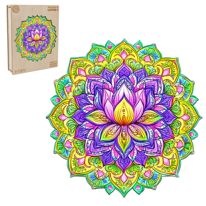 Mandala Lotus-1 wooden jigsaw puzzle featuring colorful lotus design for cognitive enhancement and focus.