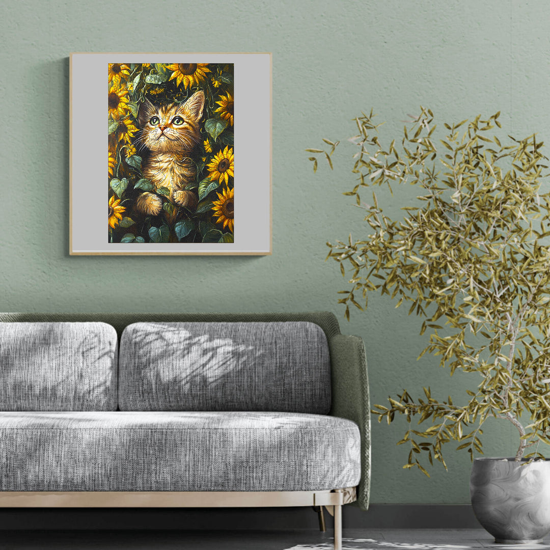 A charming illustration of a cat surrounded by sunflowers, perfect for home decor lovers and puzzle enthusiasts.