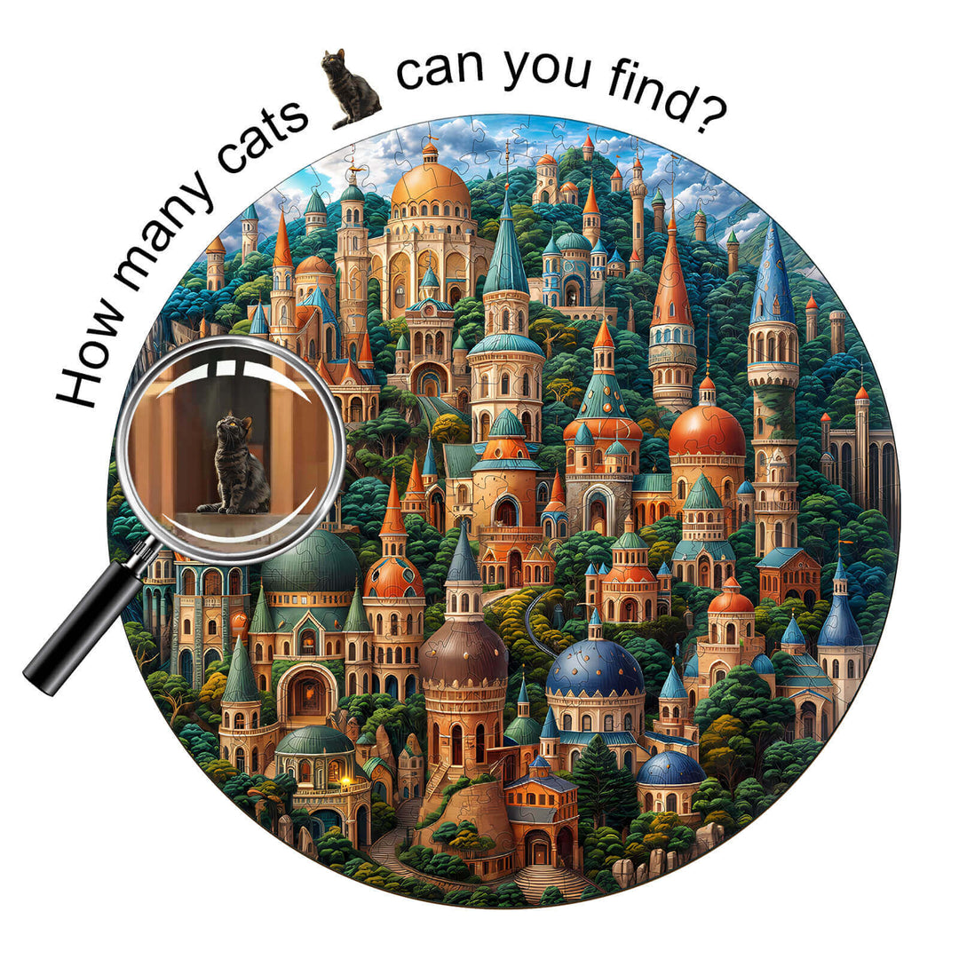 SEEK AND FIND CATS wooden puzzle showcasing a colorful cityscape with magnifying glass, featuring hidden cats.