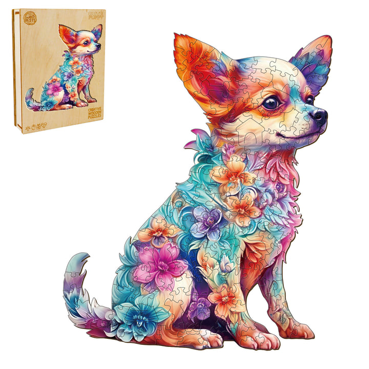 Cute puppy wooden jigsaw puzzle featuring a colorful floral design, perfect for enhancing focus and cognitive skills.