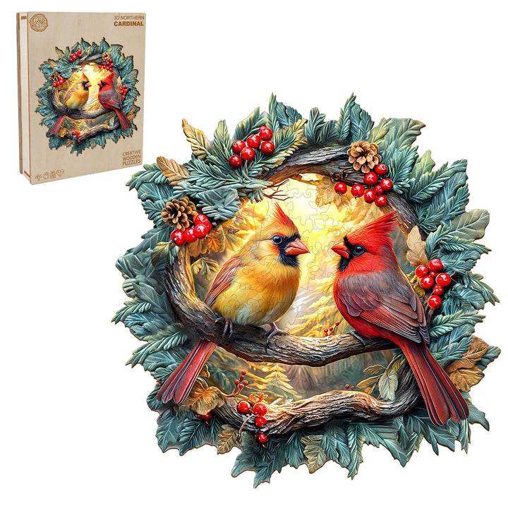 3D Northern Cardinal Wooden Jigsaw Puzzle featuring vibrant cardinals on a branch with red berries and scenic backdrop.