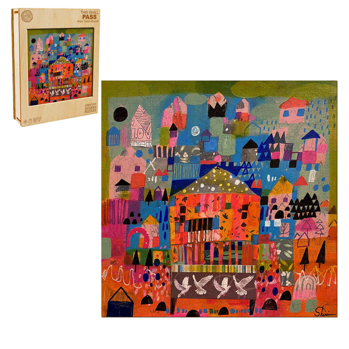 This Shall Pass artwork by Shirin Moarefi featuring vibrant colorful houses and doves, inspiring artistic expression.