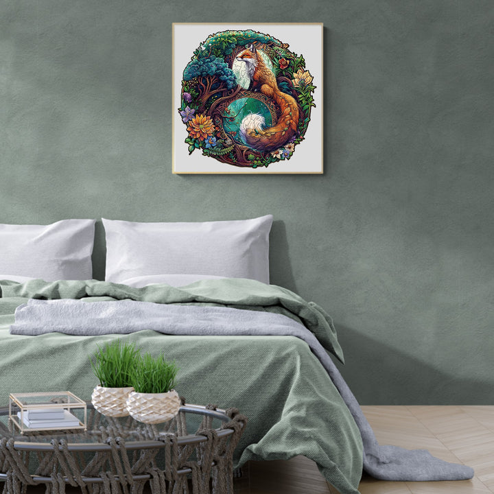 Yin Yang Fox-3 wooden jigsaw puzzle art displayed in a cozy bedroom, enhancing home decor and mindfulness.