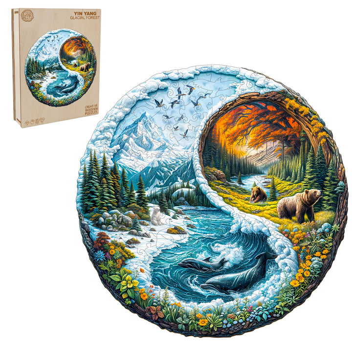 Yin Yang glacial forest wooden jigsaw puzzle featuring stunning nature art, perfect for puzzle enthusiasts and mind games.