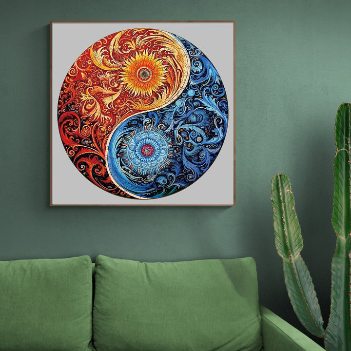 Yellow Blue Yin Yang Wooden Jigsaw Puzzle