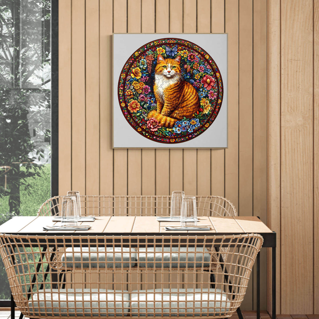 Colorful wooden jigsaw puzzle featuring a floral feline design, perfect for mind games and enhancing focus.
