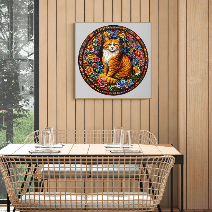 Colorful wooden jigsaw puzzle featuring a floral feline design, perfect for mind games and enhancing focus.
