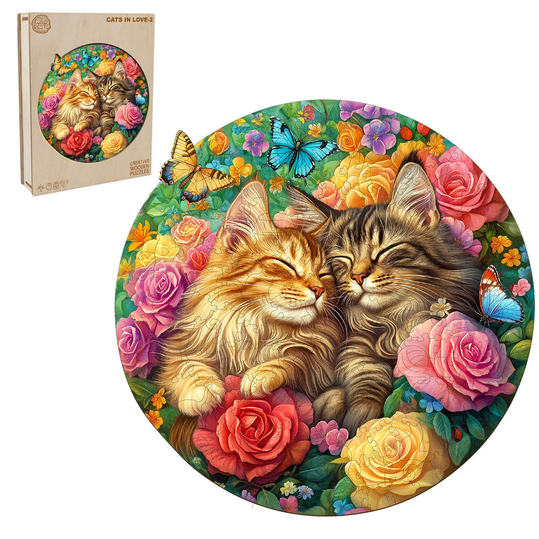 Cats in Love-2 wooden jigsaw puzzle featuring two cats among colorful flowers and butterflies, enhancing focus and creativity.