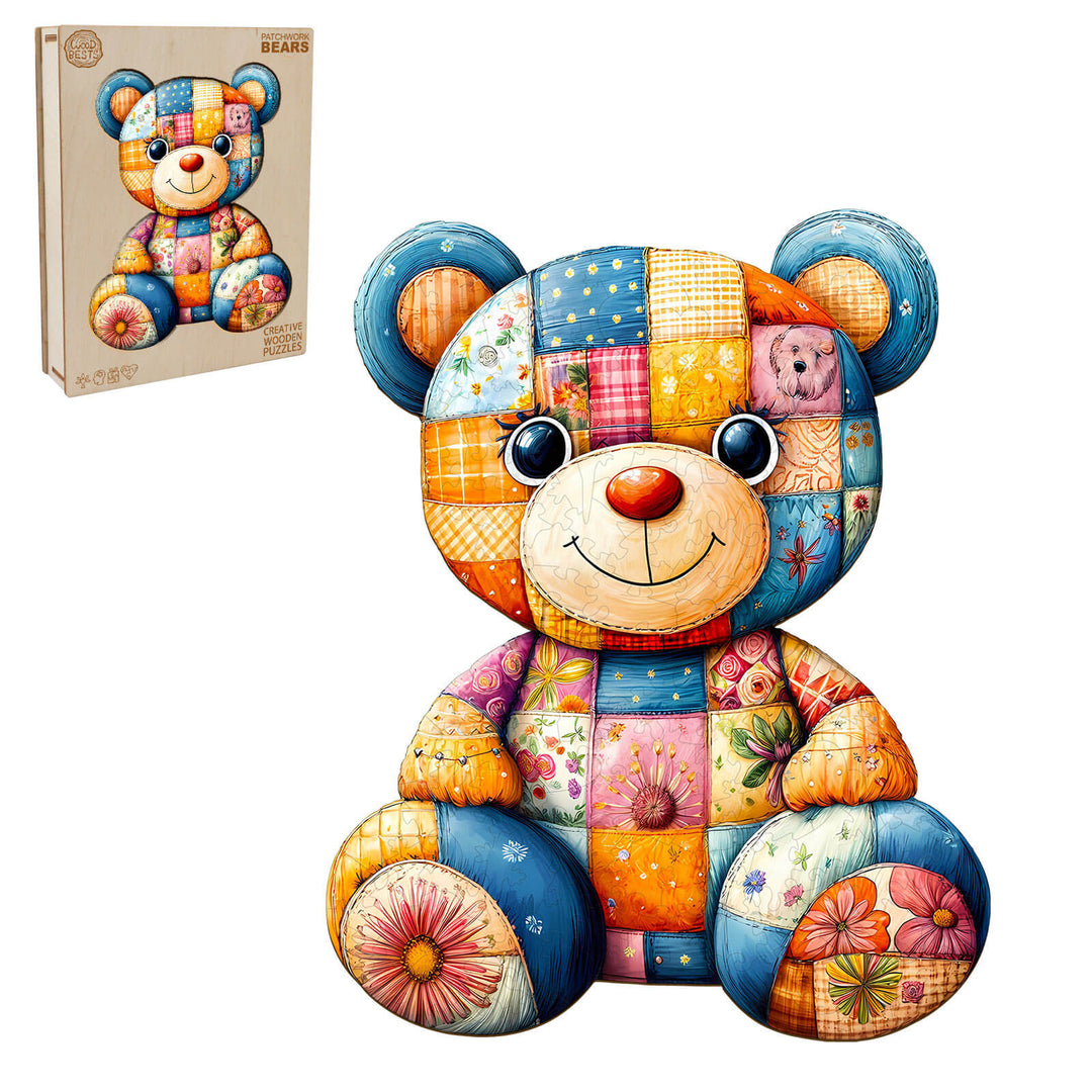 Colorful Patchwork Bear Wooden Jigsaw Puzzle featuring floral designs, promoting focus and problem-solving skills.