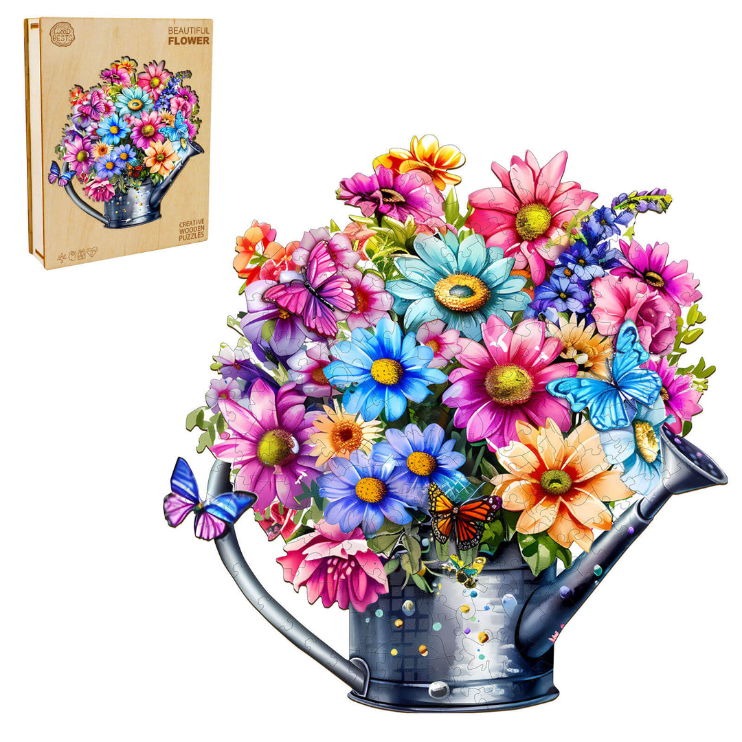 Colorful jigsaw puzzle of flowers in a watering can, enhancing focus and mental skills with beautiful flower designs.