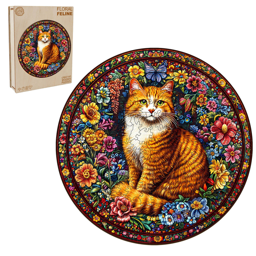 Colorful Floral Feline Wooden Jigsaw Puzzle showcasing a cat surrounded by vibrant flowers and a butterfly.