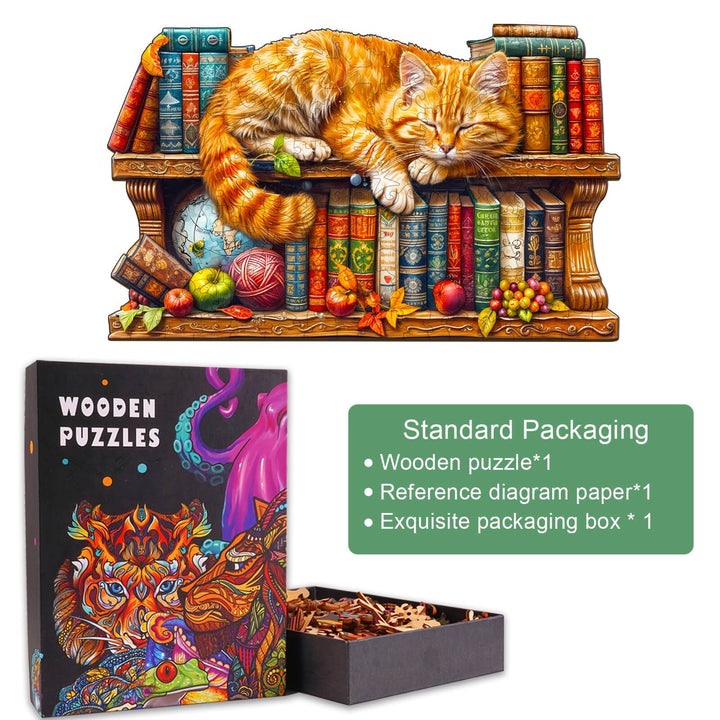 Dreamy Tabby Cat-2 wooden jigsaw puzzle featuring a cat on books, complete with exquisite packaging and reference materials.