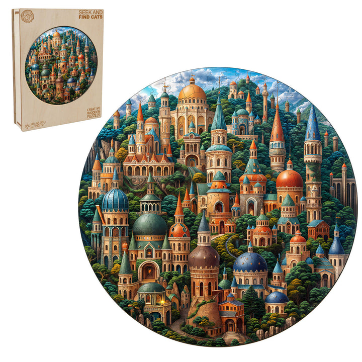 SEEK AND FIND CATS wooden jigsaw puzzle featuring colorful cat-themed architecture, designed for enhancing focus and cognitive skills.