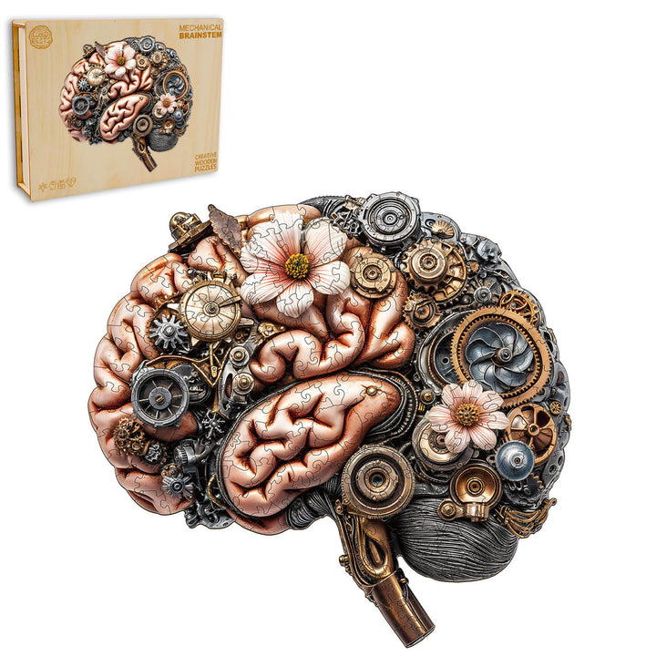 3D Mechanical Brainstem wooden jigsaw puzzle featuring intricate gears and flowers, perfect for mind games and focus.