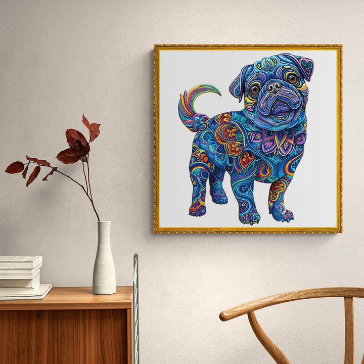 Colorful artistic pug painting in a stylish room, showcasing vibrant patterns and designs on a framed wall.