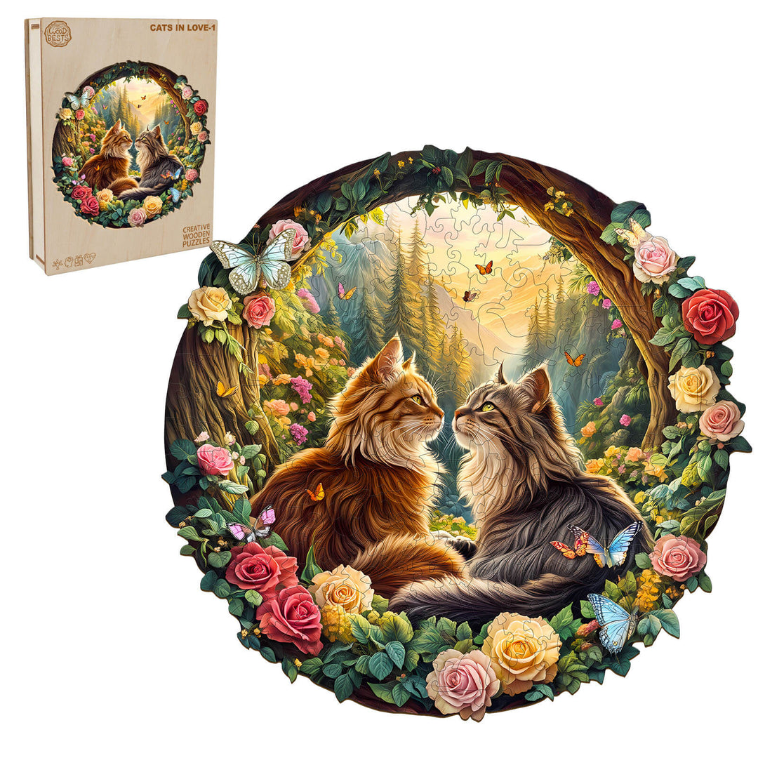 Cats in Love-1 wooden jigsaw puzzle featuring two affectionate cats surrounded by flowers and butterflies in a serene forest.