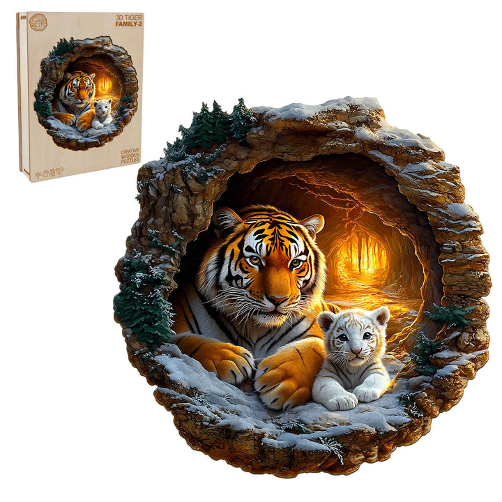 3D Tiger Family-2 wooden jigsaw puzzle featuring a majestic tiger and cub in a cave setting.