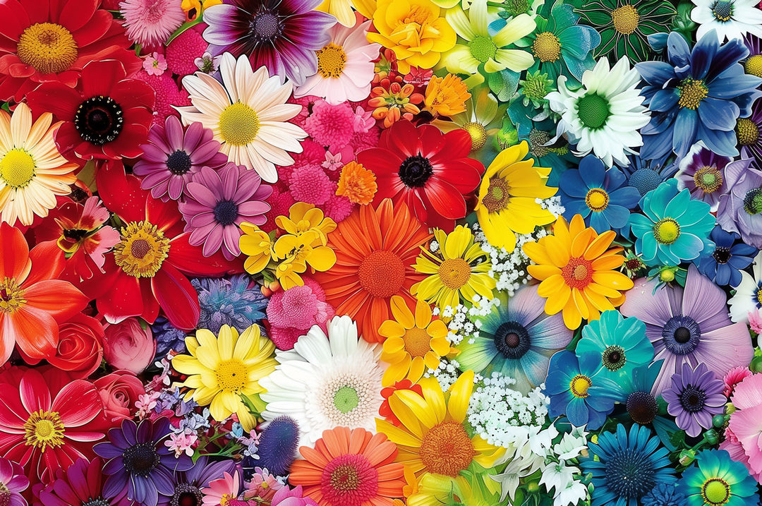 Colorful Flowers puzzle with vibrant blooms, perfect for jigsaw puzzle lovers and enhancing focus through mind games.