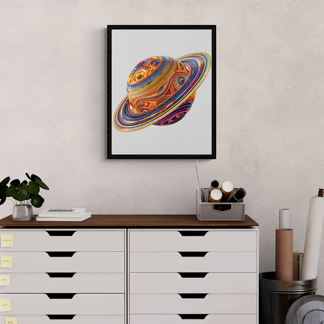 Colorful 3D Fantasy Saturn puzzle art displayed on a modern wall, promoting creativity and focus.