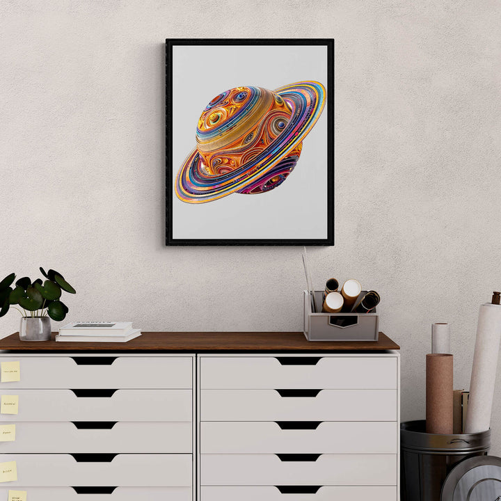 Colorful 3D Fantasy Saturn puzzle art displayed on a modern wall, promoting creativity and focus.