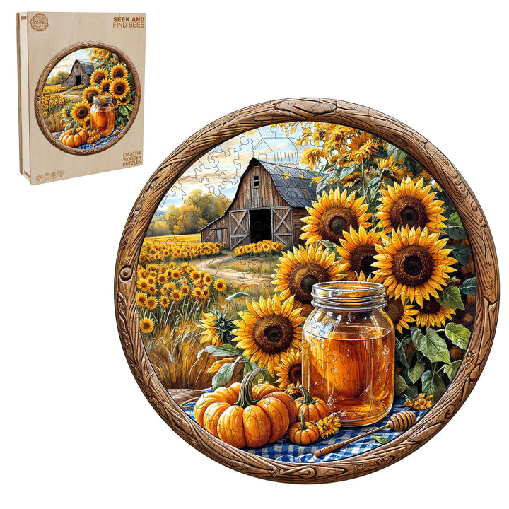 SEEK AND FIND BEES wooden jigsaw puzzle featuring sunflowers, honey jar, and barn, promoting focus and mental skills.