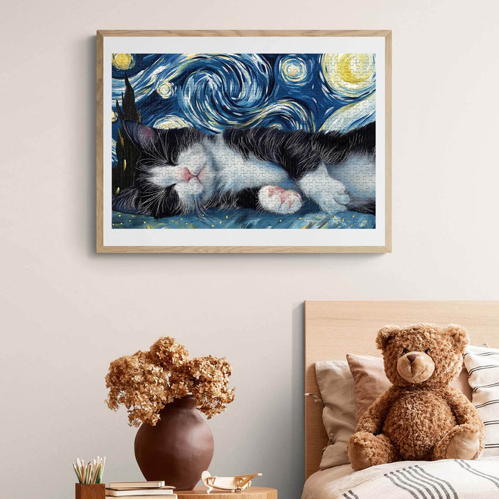Sleeping cat art print inspired by Van Gogh's Starry Night, elegantly displayed in a cozy bedroom setting.