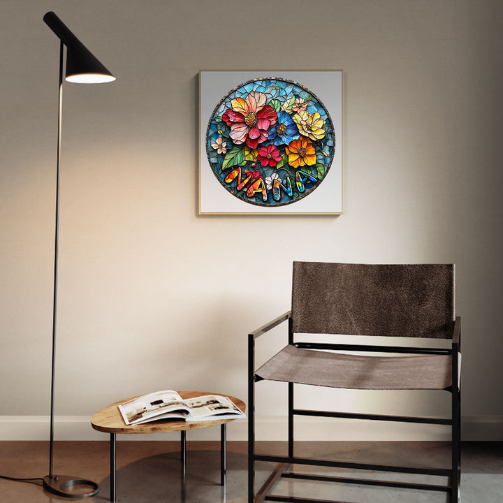 Colorful stained glass artwork displayed in a modern living room with a chair and lamp.