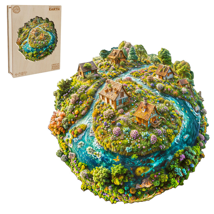 Sustainable Earth wooden jigsaw puzzle featuring scenic countryside with houses, river, and vibrant greenery.