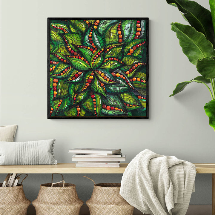 Vibrant abstract art piece by Erin Desjardine featuring green leaves and colorful accents, perfect for home decor.