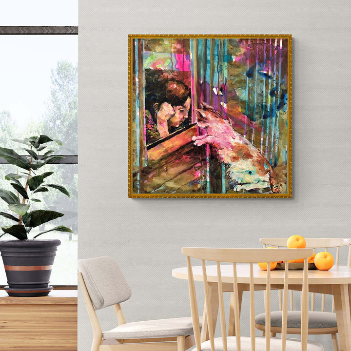 Colorful artwork 'The Other Side' by Arlet Gomez, showcasing a touching connection between a child and a dog.