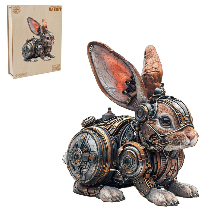 Mechanical rabbit wooden jigsaw puzzle showcasing intricate gears and design for mind-enhancing fun.