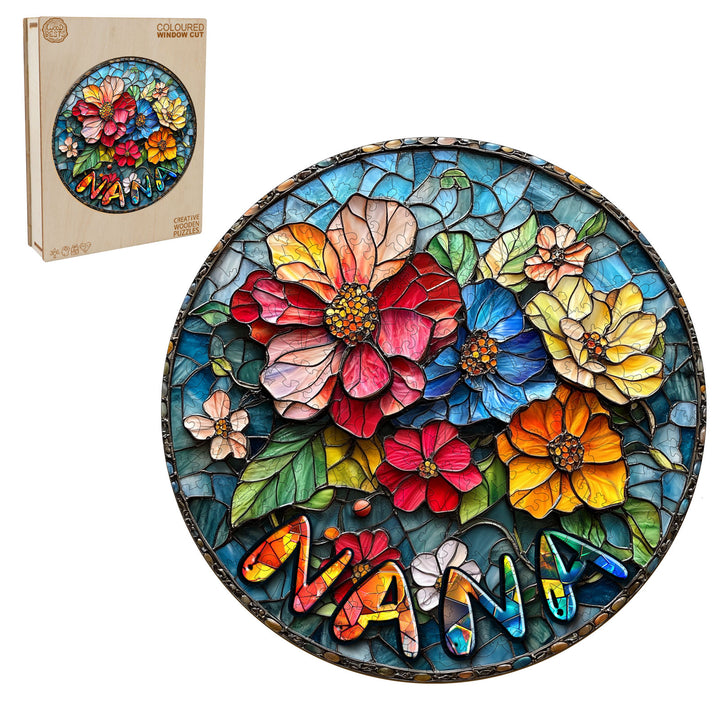 Custom name wooden jigsaw puzzle with floral design, vibrant colors, and a whimsical window cut for personalized play.