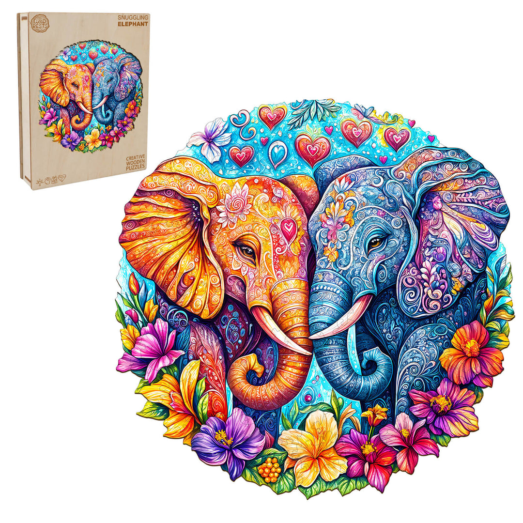 Colorful snuggling elephant wooden jigsaw puzzle with floral designs, promoting focus and smart gameplay.