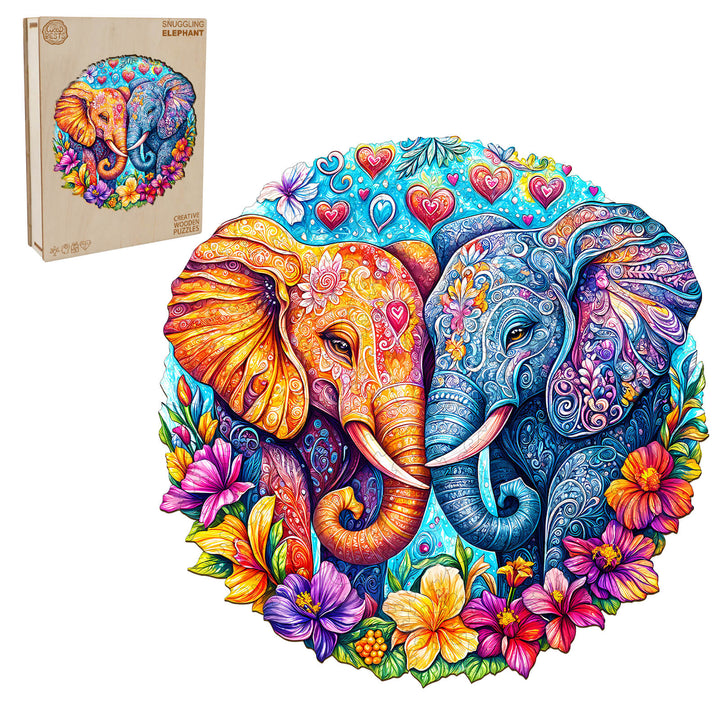 Colorful snuggling elephant wooden jigsaw puzzle with floral designs, promoting focus and smart gameplay.