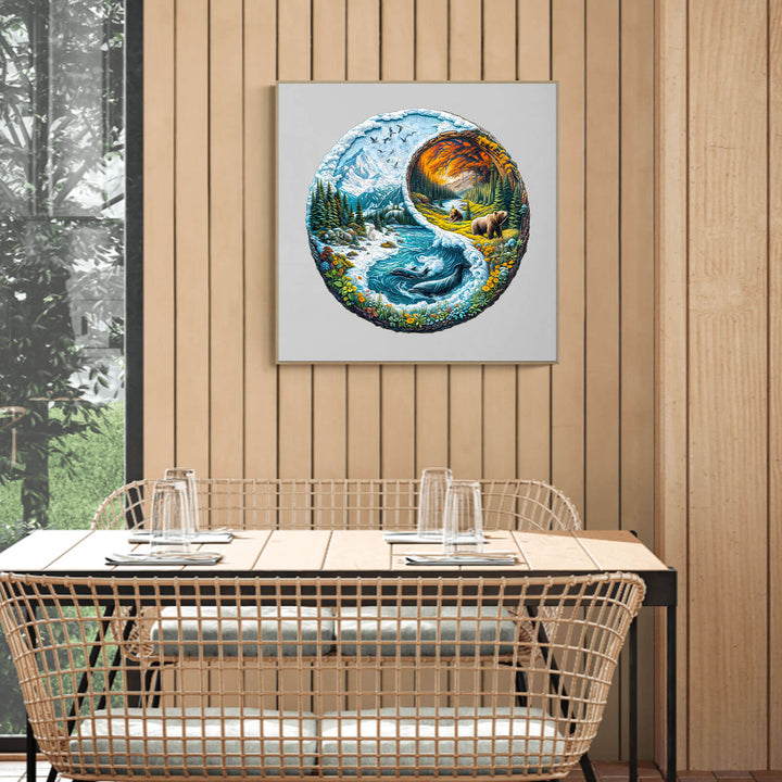 Yin yang glacial forest wooden jigsaw puzzle displayed in a bright dining area, showcasing nature's harmony.