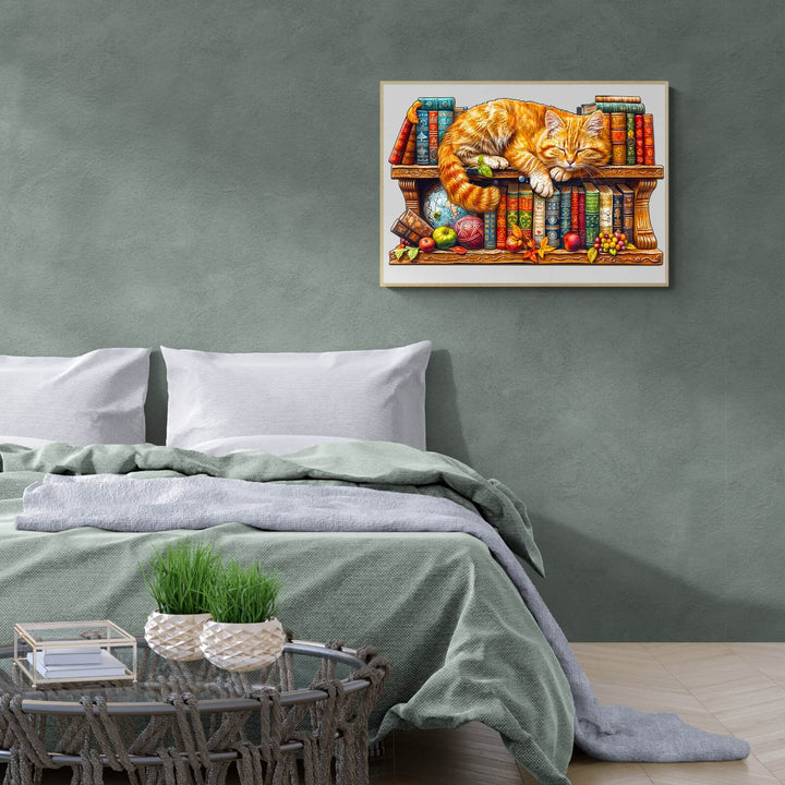 Cozy bedroom with a sleeping tabby cat on bookshelves, enhancing relaxation and comfort.