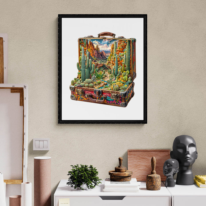 Colorful wooden puzzle of a desert landscape featuring cacti and mountains, framed on a wall.
