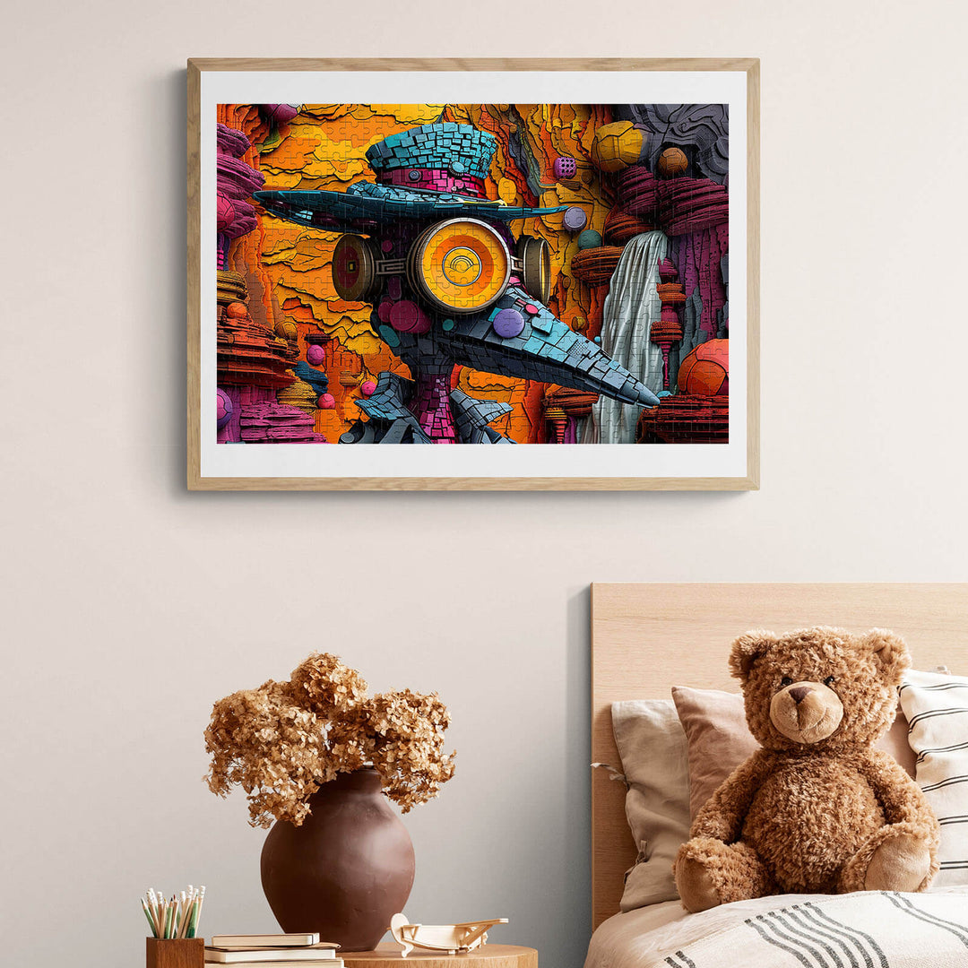 Colorful abstract art piece on wall above a cozy bed with a teddy bear and vase.