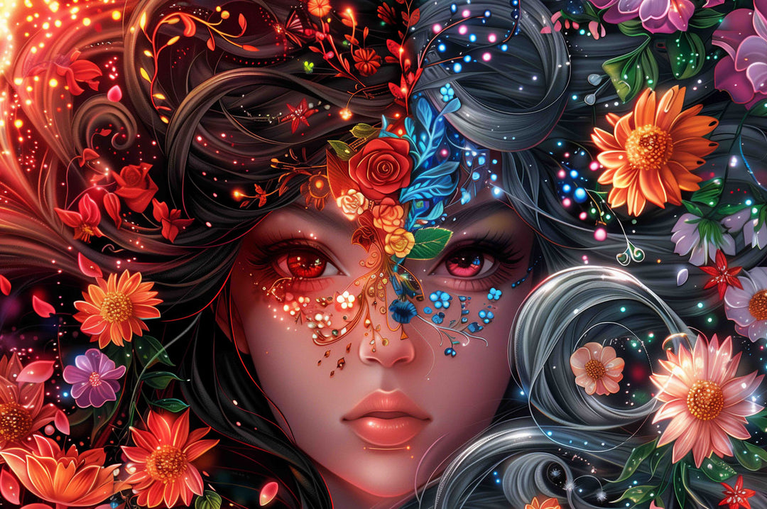 Yin Yang Girl puzzle artwork featuring a vibrant split design with flowers and intricate details.