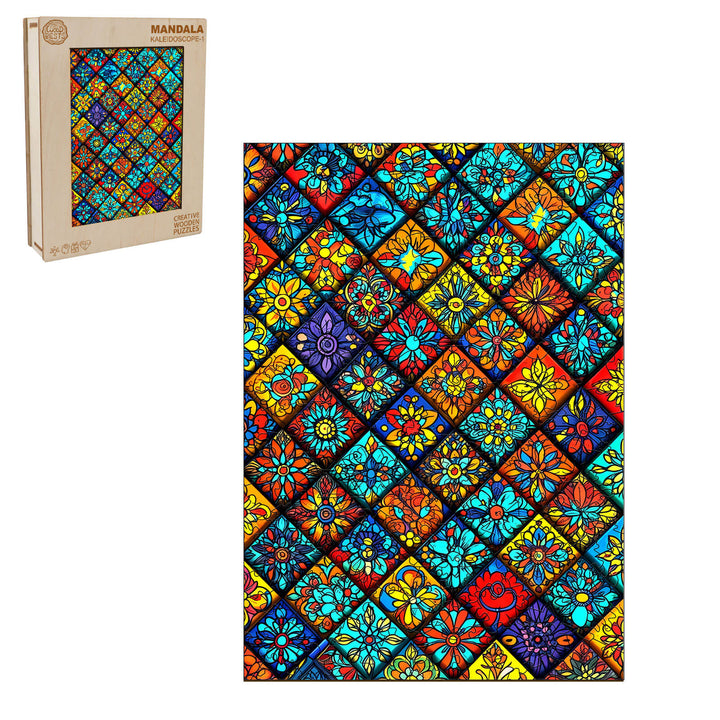 Mandala Kaleidoscope-1 wooden jigsaw puzzle showcasing vibrant flower patterns and colors, perfect for focused puzzle solving.