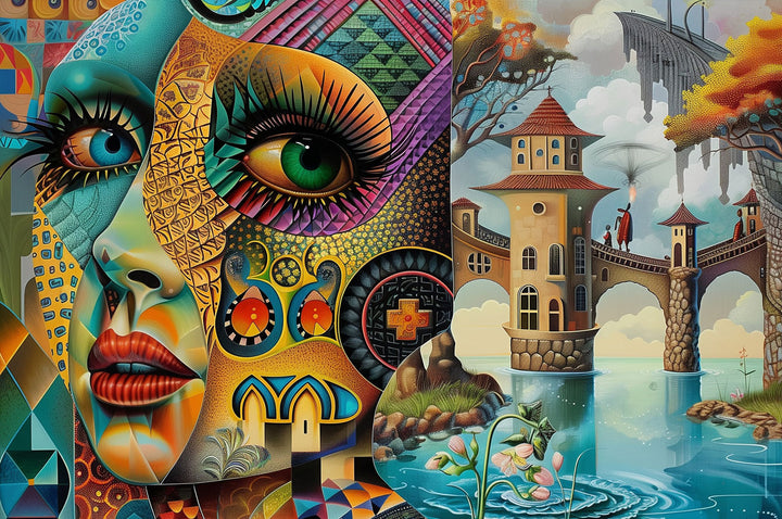 Colorful artistic illustration of a woman's face blended with a fantasy landscape, showcasing intricate details and vibrant colors.