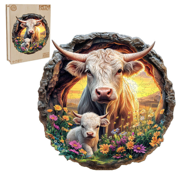 Cattle Family wooden jigsaw puzzle featuring a mother cow and calf surrounded by colorful flowers in a scenic background.