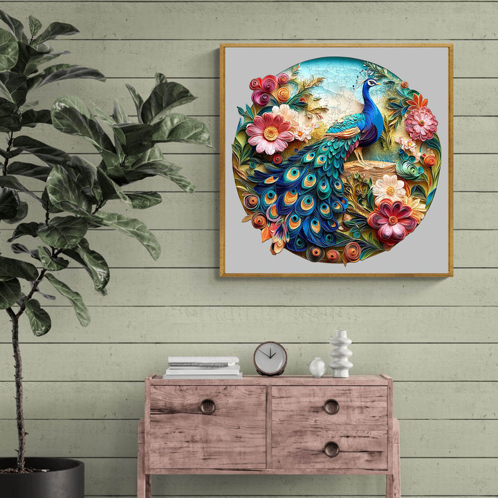 Vibrant 3D Colorful Peacock Wooden Jigsaw Puzzle displayed on a wall with flowers and greenery.