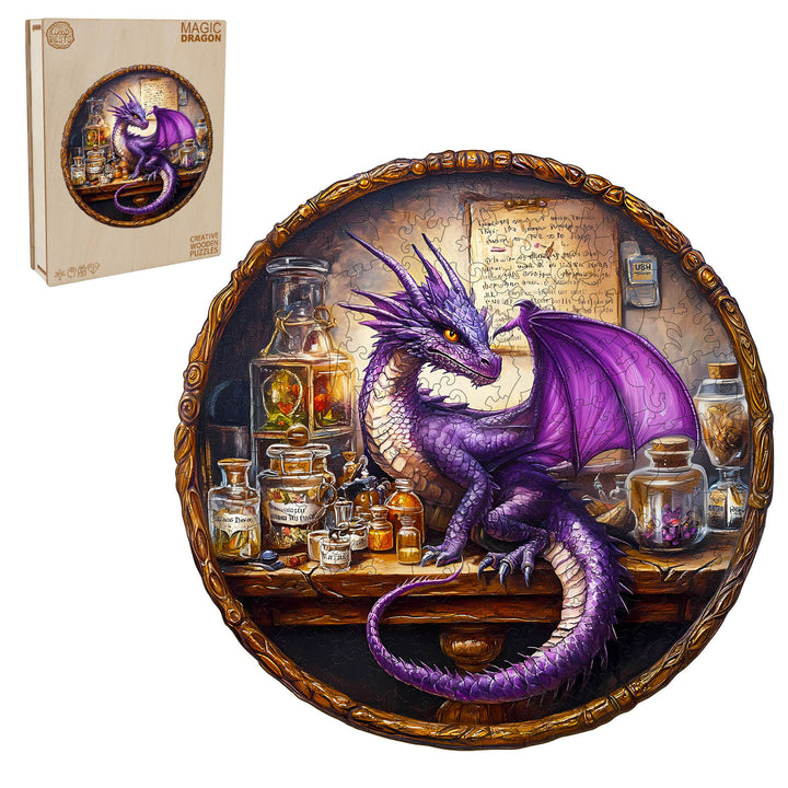 Magic Dragon Wooden Jigsaw Puzzle featuring a majestic purple dragon among potion bottles and scrolls.