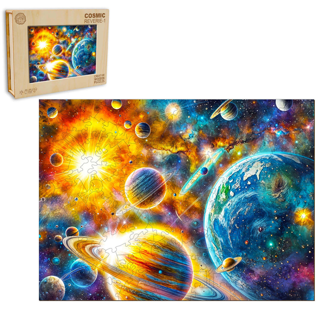Cosmic Reverie-1 wooden jigsaw puzzle featuring vibrant planets and galaxies, designed for mind games and enhancing focus.
