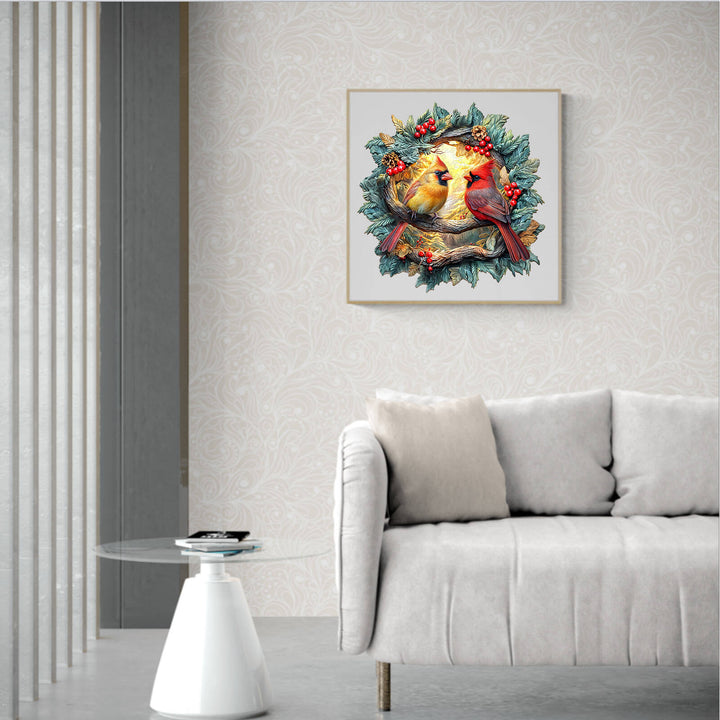 3D Northern Cardinal wooden jigsaw puzzle artwork featuring vibrant cardinals and red berries in a modern living room.