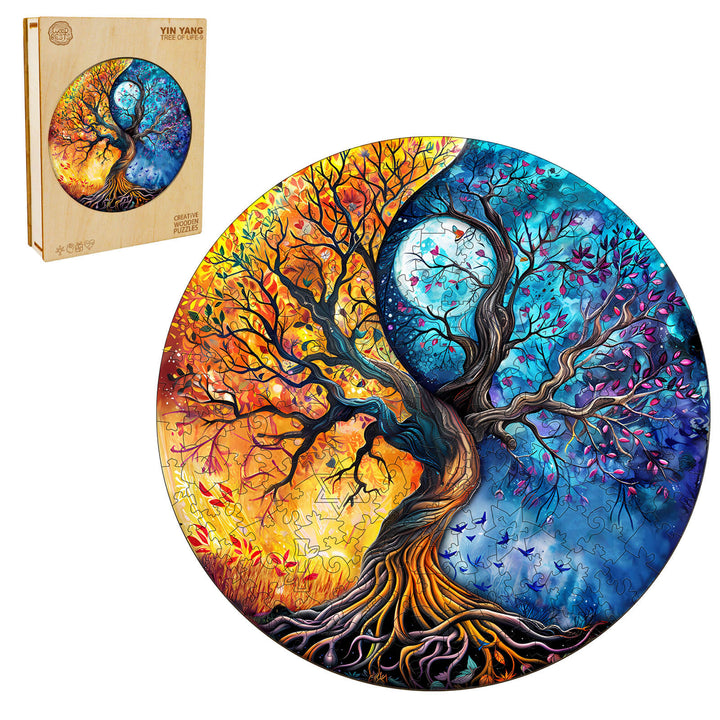 Yin Yang Tree of Life-9 wooden jigsaw puzzle featuring vibrant colors and intricate design for focused brain training.